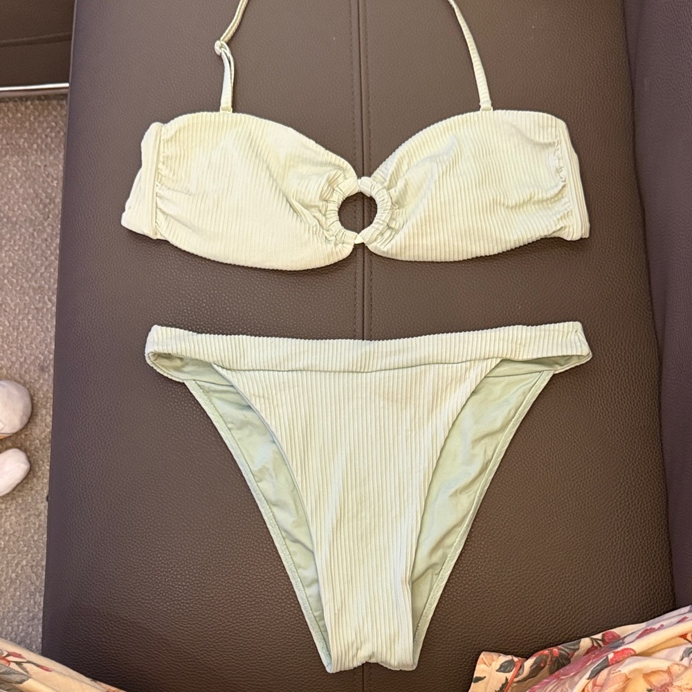 Monday Swimwear Ribbed Bandeau Bikini Set in Light Sage